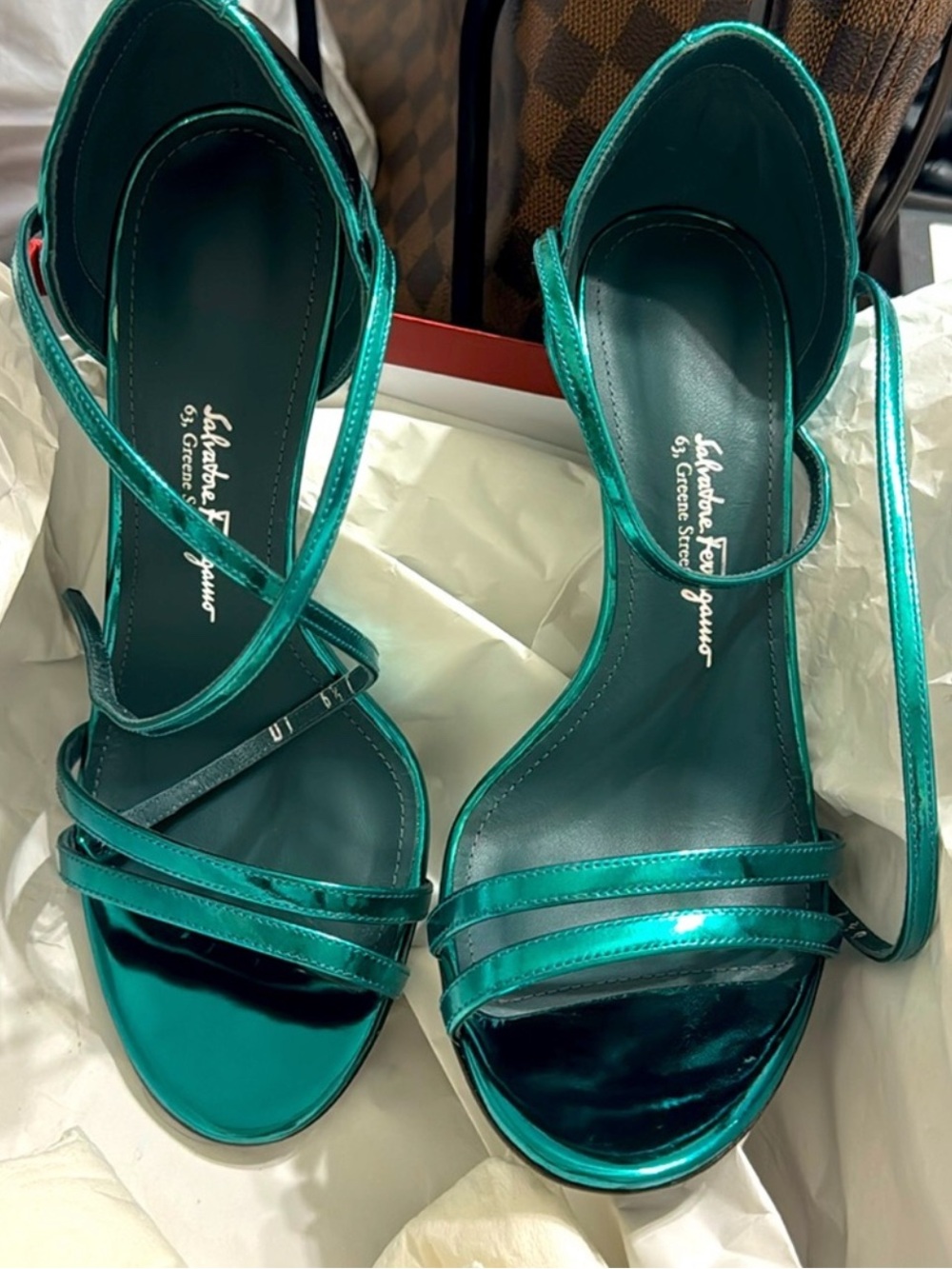 Salvatore Ferragamo Metallic Teal Strappy Heeled Sandals